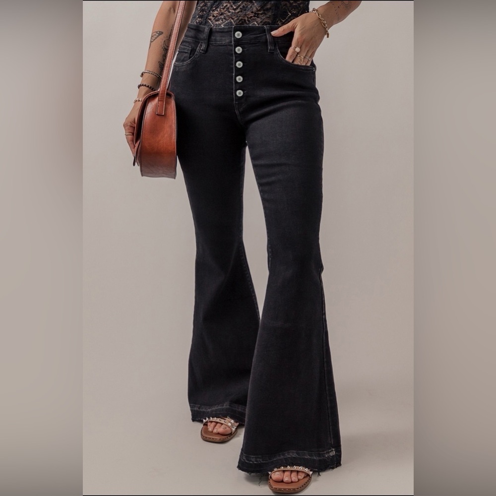 Black Button Front High Waist Flares